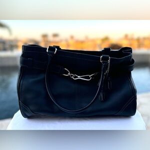 Coach Black Leather Hampton Satchel, silver hardware, and care instructions